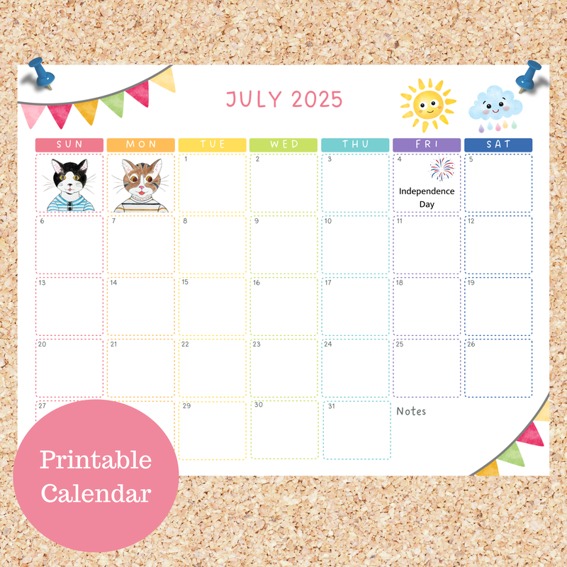 Oli Kids Co July 2025 Printable Calendar, Downloadable Calendar, Cat Calendar, Instant Download, Print at Home