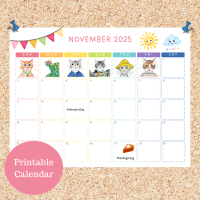 Oli Kids Co November 2025 Printable Calendar, Downloadable Calendar, Cat Calendar, Instant Download, Print at Home