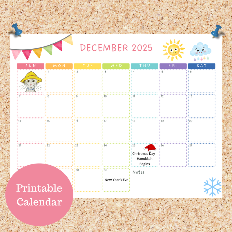 Oli Kids Co December 2025 Printable Calendar, Downloadable Calendar, Cat Calendar, Instant Download, Print at Home