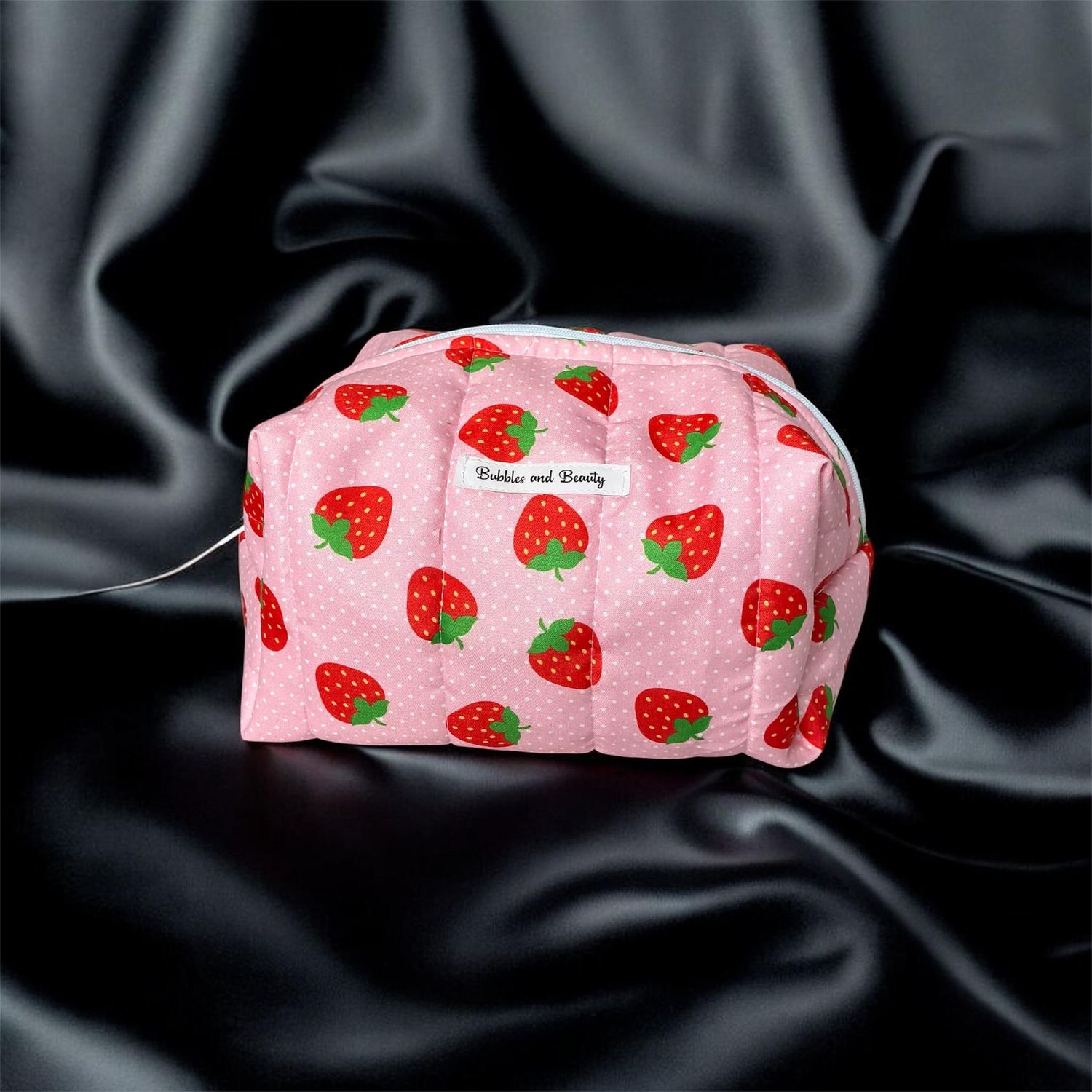 Medium handmade strawberry boxy makeup bag