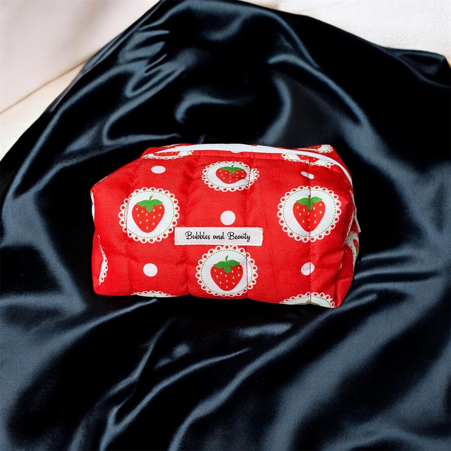 Small handmade strawberry boxy makeup bag