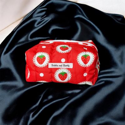 Small handmade strawberry boxy makeup bag