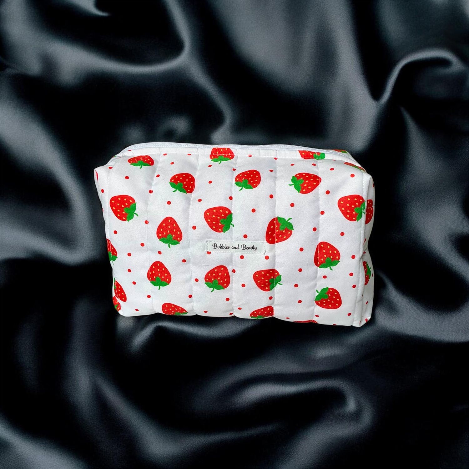 Large handmade strawberry boxy makeup bag