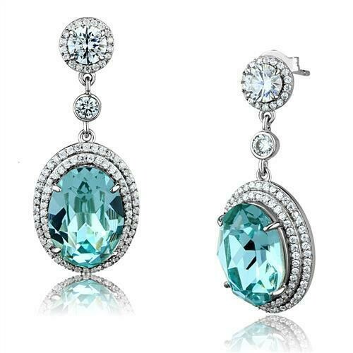 JEWELlux® Sterling Silver Earrings Rhodium Women Top Grade Crystal Sea Blue