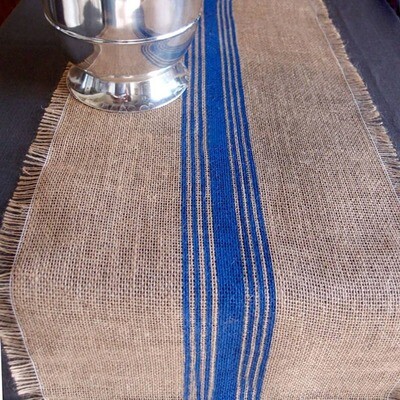 Burlap Table Runner - Blue Stripes