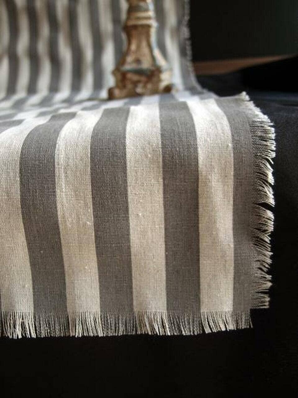 Rustic Gray Stripes Table Runner Fringed Edge