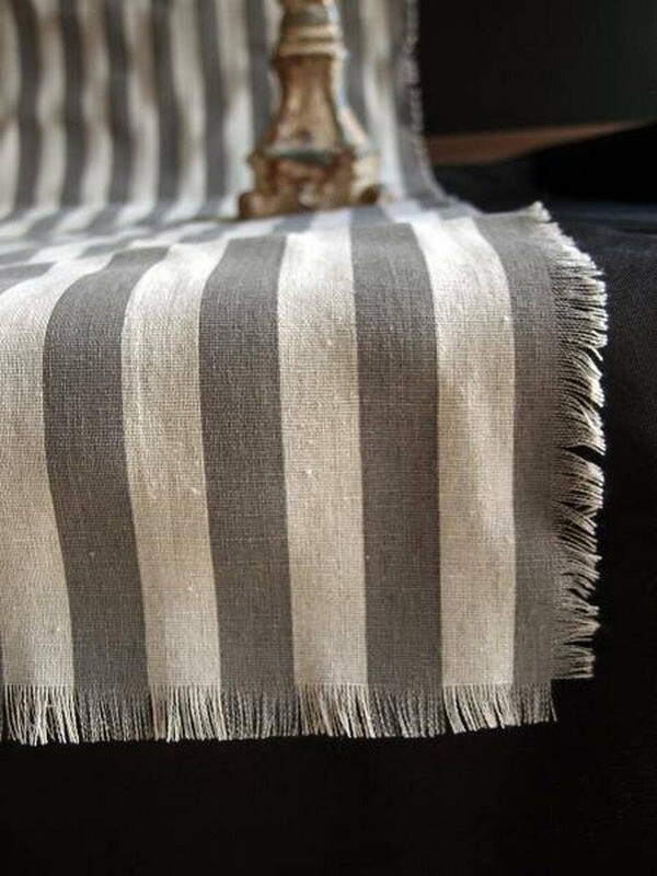 Rustic Gray Stripes Table Runner Fringed Edge