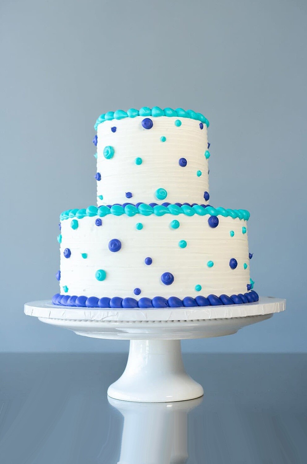 Lots of Dots 2 Tier Cake, Dot Color Options 1: Light Blue, Dot Color Options 2: Purple