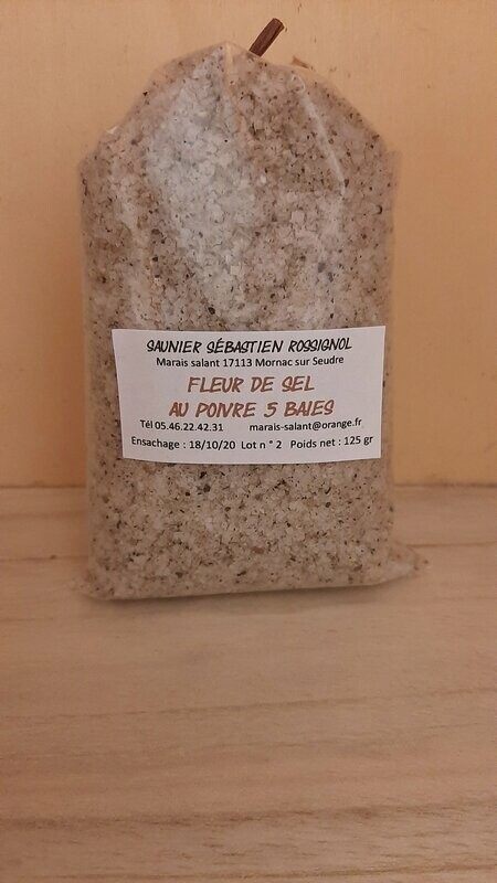 Fleur de sel aux 5 baies sachet 125gr Fleur de sel aux 5 baies sachet 125gr