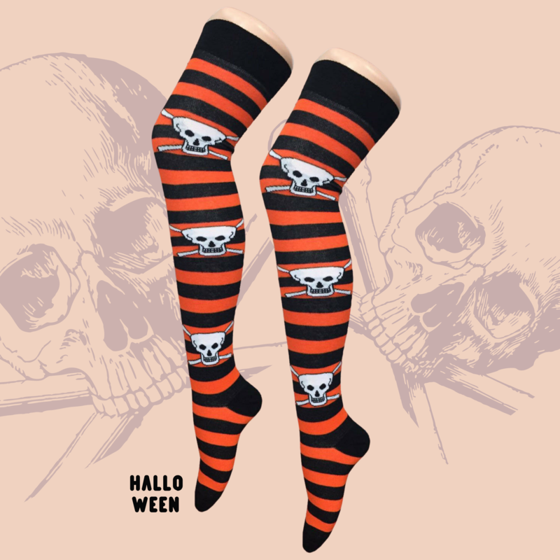 GIRLS WOMENS HALLOWEEN SKULL STRIPE OTK SOCKS FANCY DRESS STOCKINGS PARTY ZOMBIE
