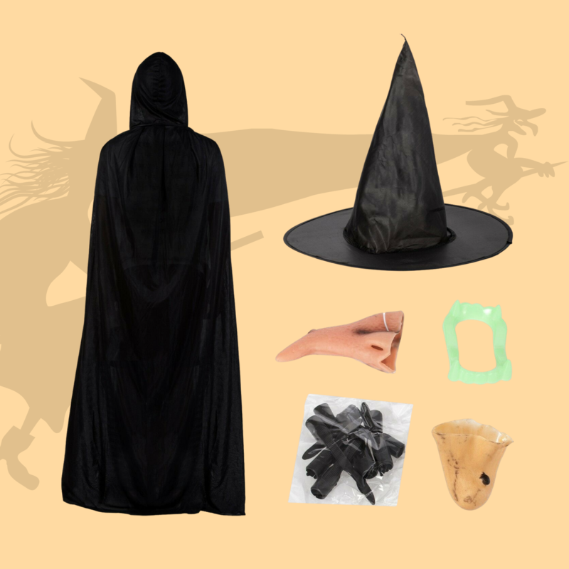 Witch Halloween Fancy Dress Set (Hat, Nose, Teeth, Chin, Claws &amp; Cape)