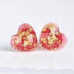 Red with gold flakes heart stud earrings