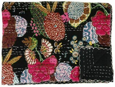 Black&Fuschsia Kantha Quilt Coverlet