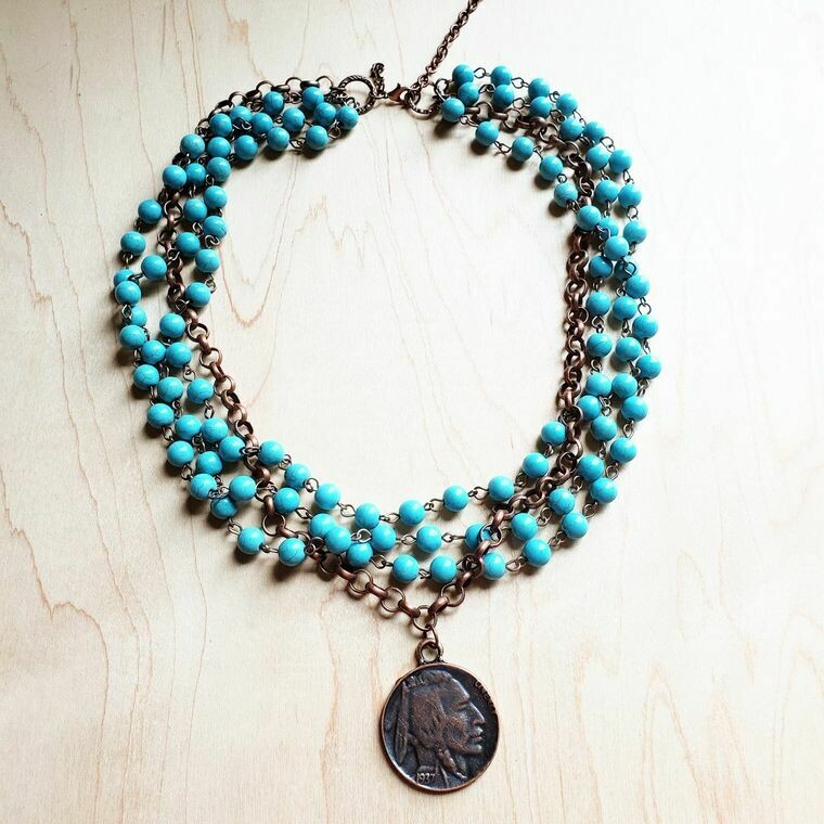 Blue Turquoise Collar Necklace with Indian heaf