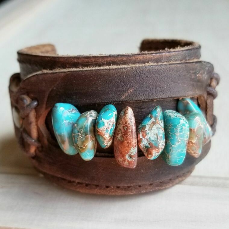 Leather cuff with turquoise chunks