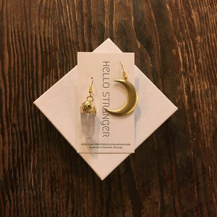 Crescent Moon and quartz drop earrings in gold