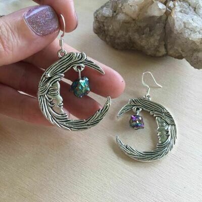 Crescent moon and sun Earrings w/peacock citrine