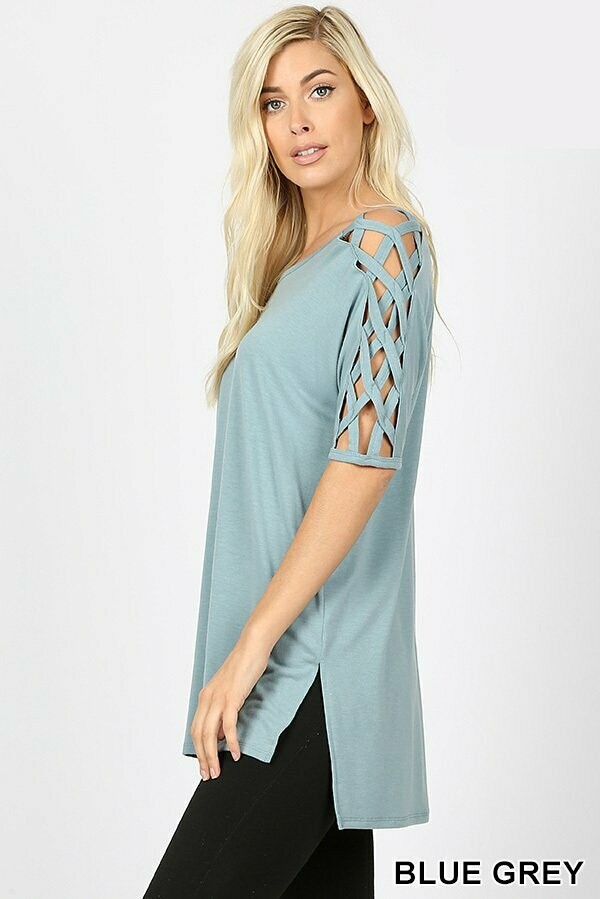 Criss-Cross Shoulder Side Split Hi-Low Hem Top