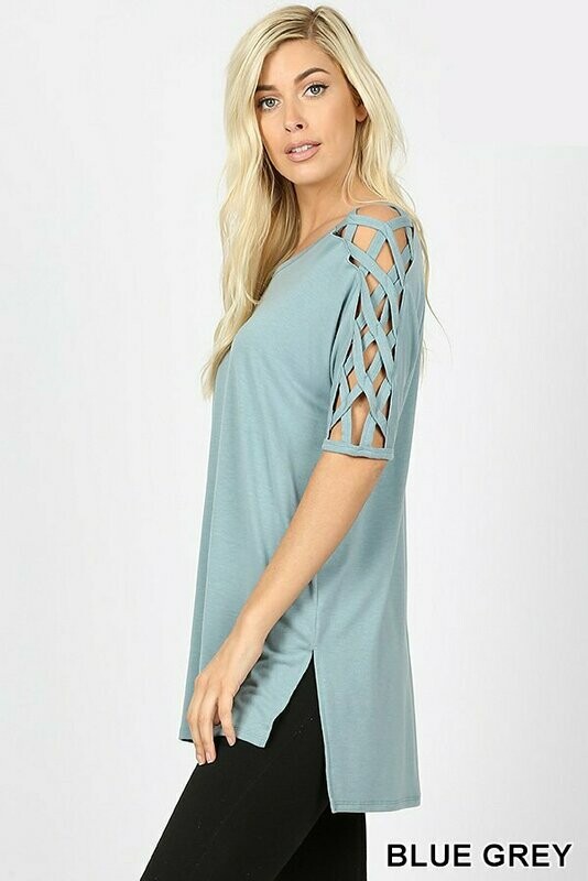 Criss-Cross Shoulder Side Split Hi-Low Hem Top