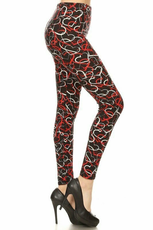 Buttery Soft Red and White Hearts Printed Standard Size Leggings