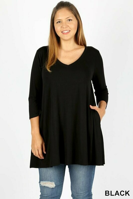 3/4 Sleeve V-Neck Flared Side Pocket Plus Size Top