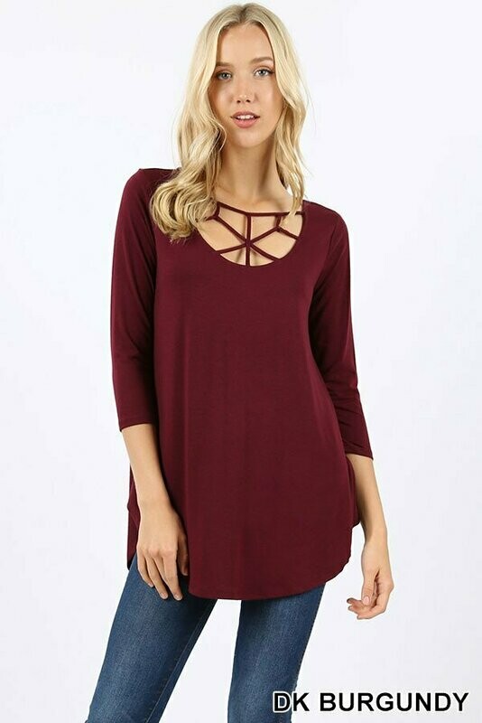 3/4 Sleeve Web Detail Front Round Hem Plus Size Top