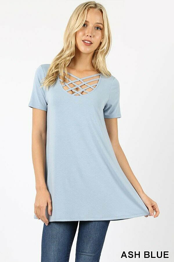 Short Sleeve Triple Lattice Front Plus Size Top
