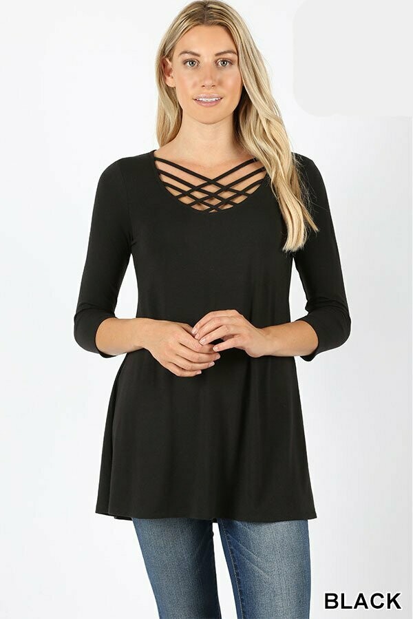 3/4 Sleeve Triple Lattice Front Plus Size Top