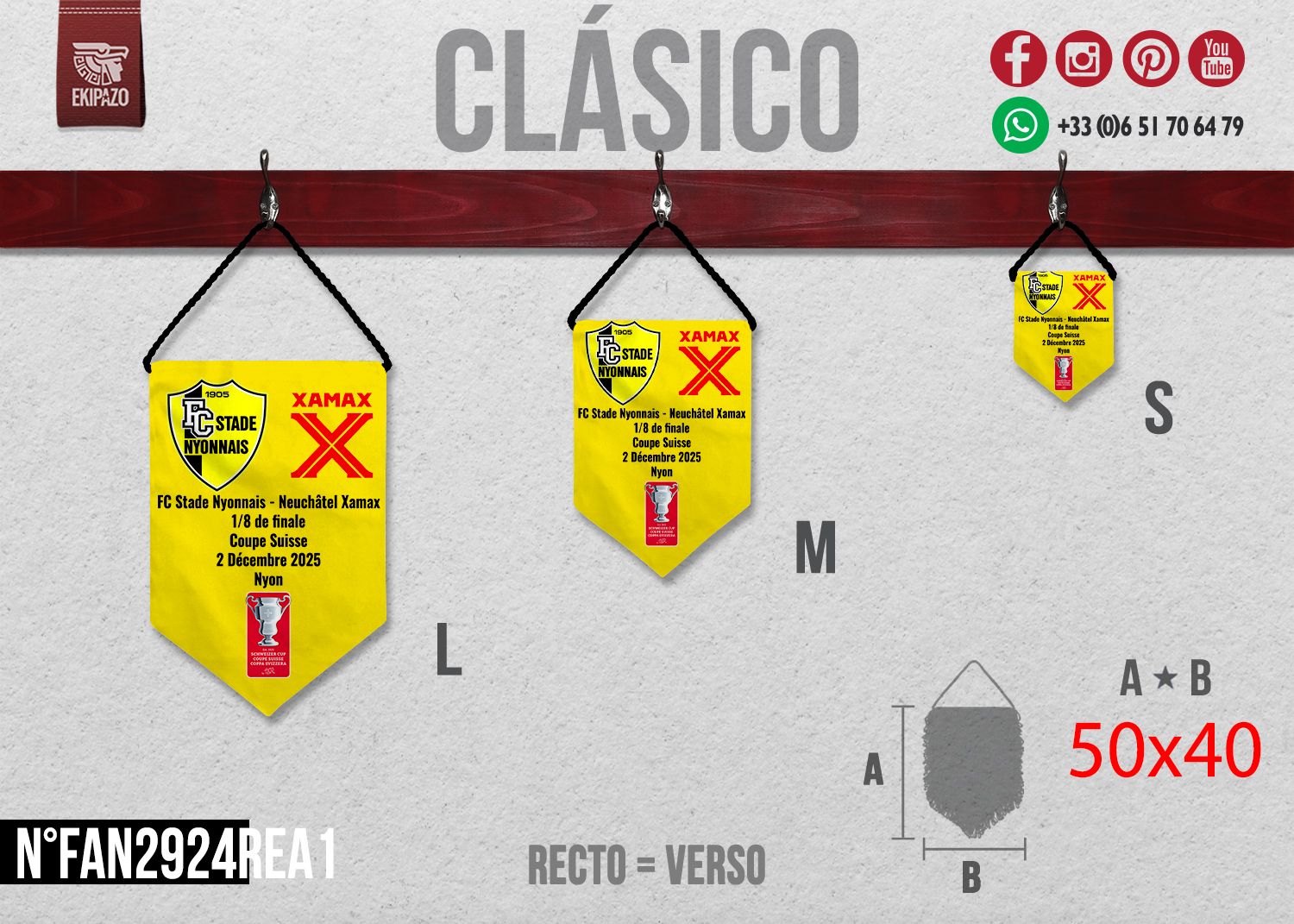 3 fanions sans franges en 50x40 recto=verso
