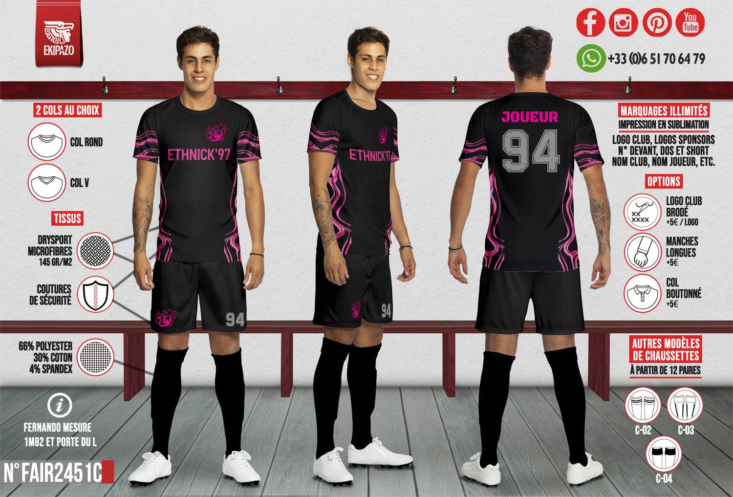 Lot de 14 maillot short chaussettes noir manches courtes + 2 maillot manches longues pour les gardiens