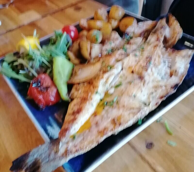Grilled Seabass  with patato & salad
