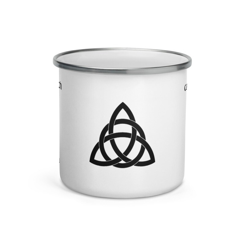 Ogham Enamel Mug "Cailleach–Witch" + Trinity Knot Symbol