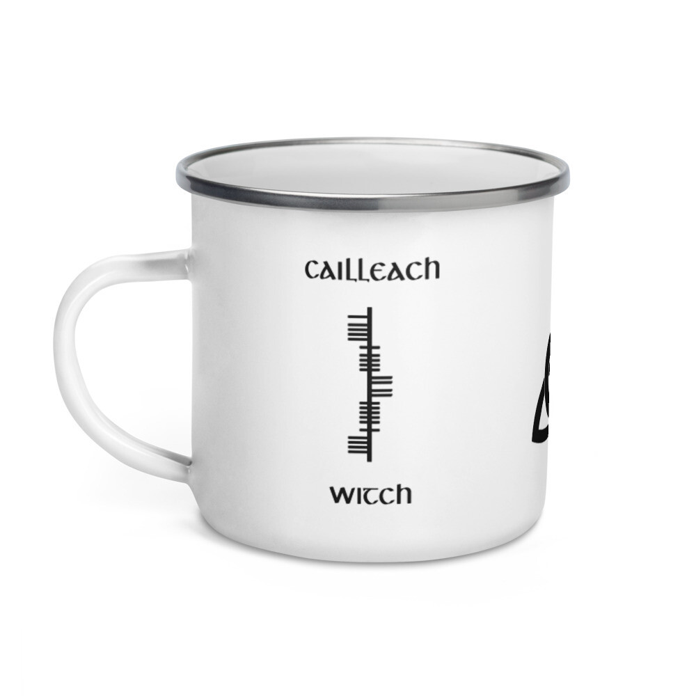 Ogham Enamel Mug "Cailleach–Witch" + Trinity Knot Symbol