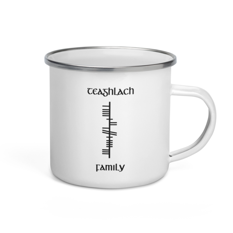 Ogham Enamel Mug "Teaghlach–Family"