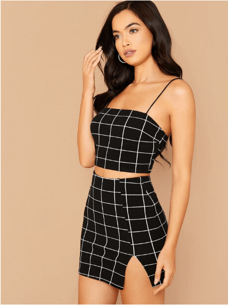 top with thin straps and checked skirt