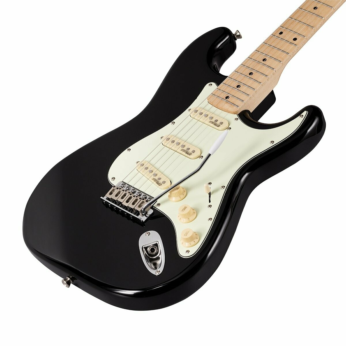 RIDER-RETRO-M BK
Double cutaway electric guitar with 3 single coils and vintage tuners (Wilkinson equipped, maple fretboard)