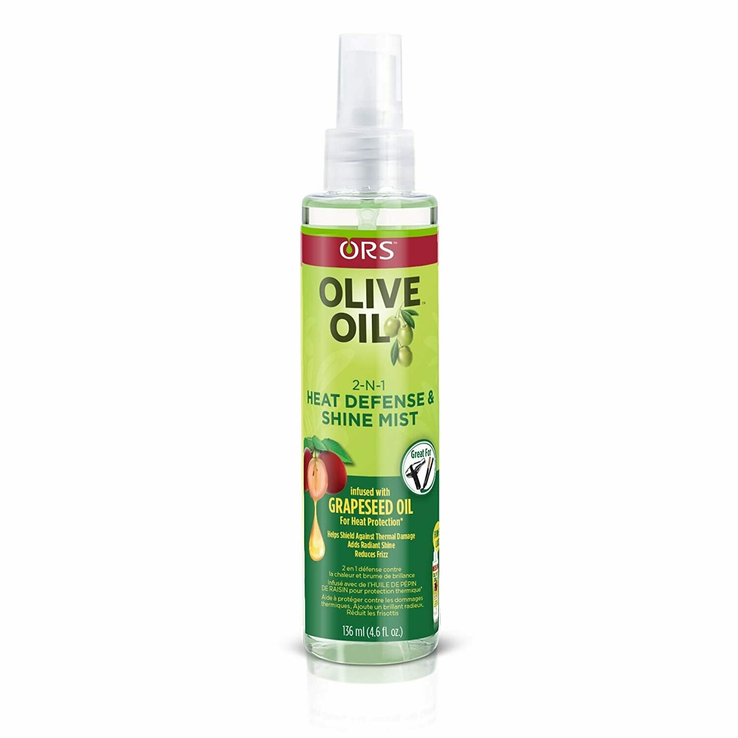 ORS Haircare Olive Oil Brume 2 en 1 Brillance &amp; Protecteur thermique à l&#39;huile de pépins de raisins ( 136ml )