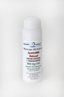 CBD Massage Oil SportsMN ReLeaf Full Spectrum  with Essential Oils 900 mg in 90 ml (1.5 oz) Roll-on