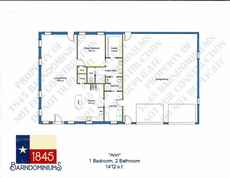 "Ann" Floor Plan 1 bedroom 2 bath - 1472 sf