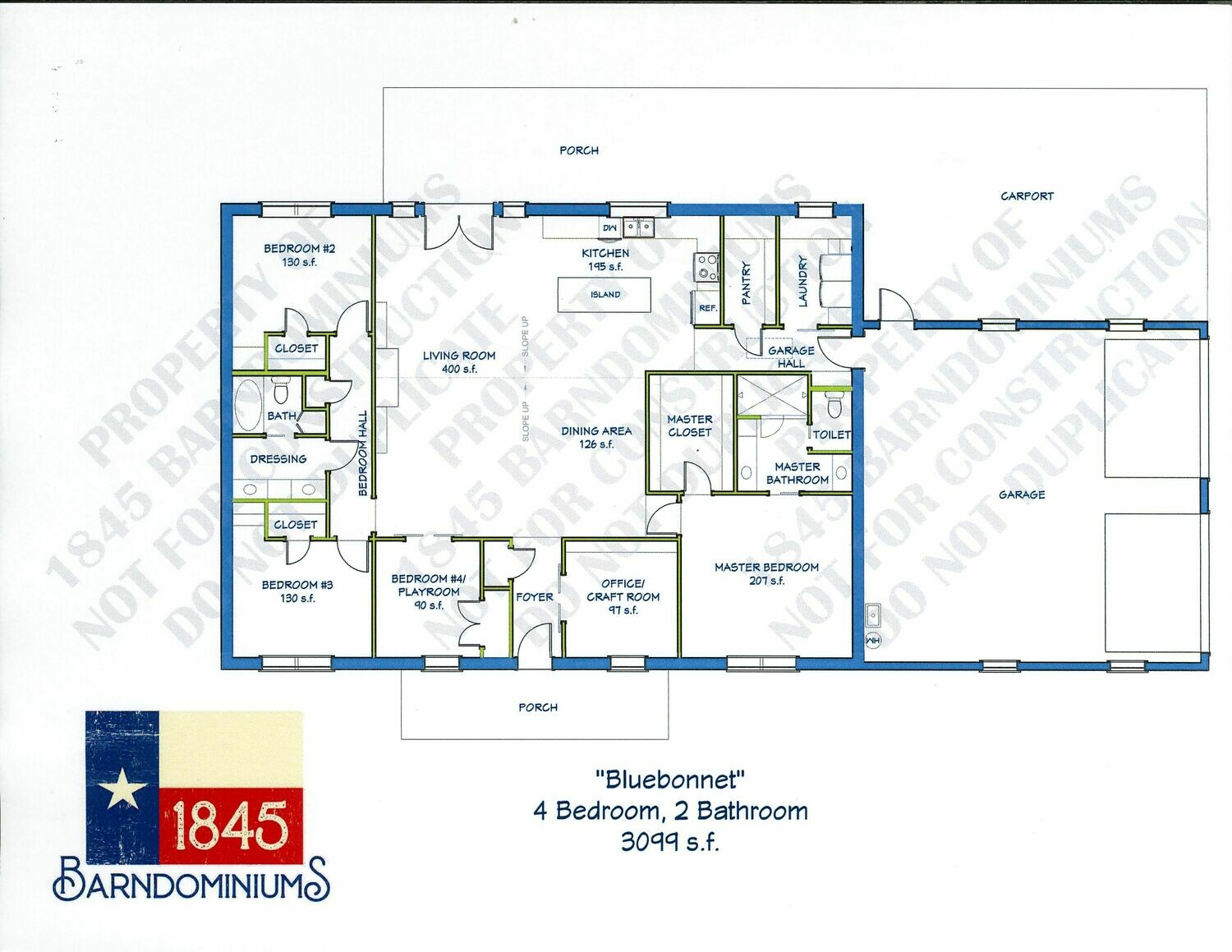"Bluebonnet" Floor Plan 4 bedroom, 2 bath - 3099 sf