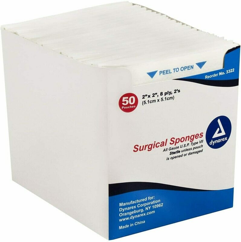 DYNAREX GAUZE COTTON STERILE 8 PLY - 2X2 - PK50-2'S(100) CS30PK