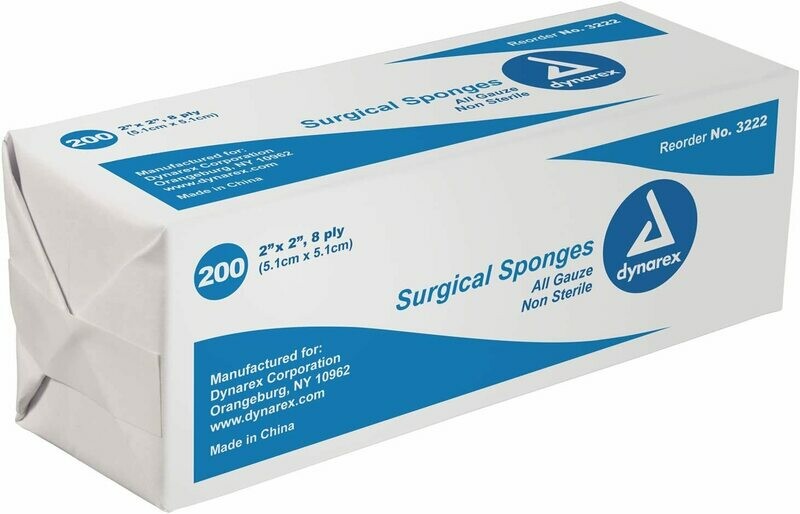 DYNAREX COTTON GAUZE SPONGE NONSTERILE 2X2 8PLY 200/PK