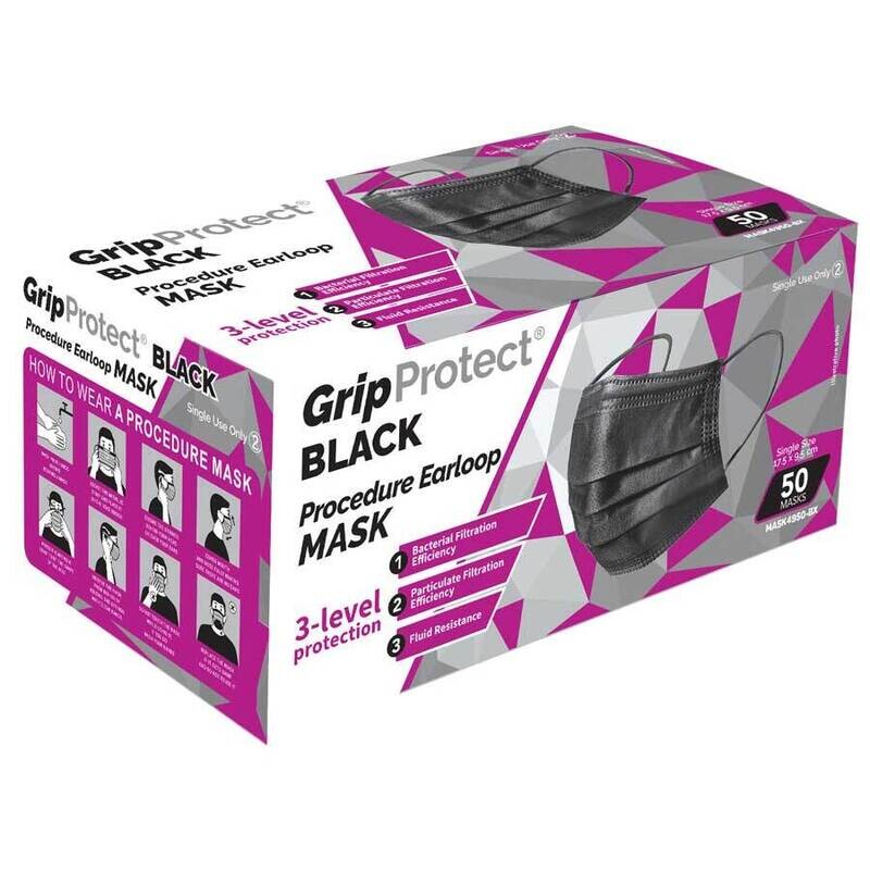 BMC PROTECT GRIP PROTECT SINGLE USE 3 PLY EAR LOOP FACE MASK  BX50 CS20BX COLOR: BLACK