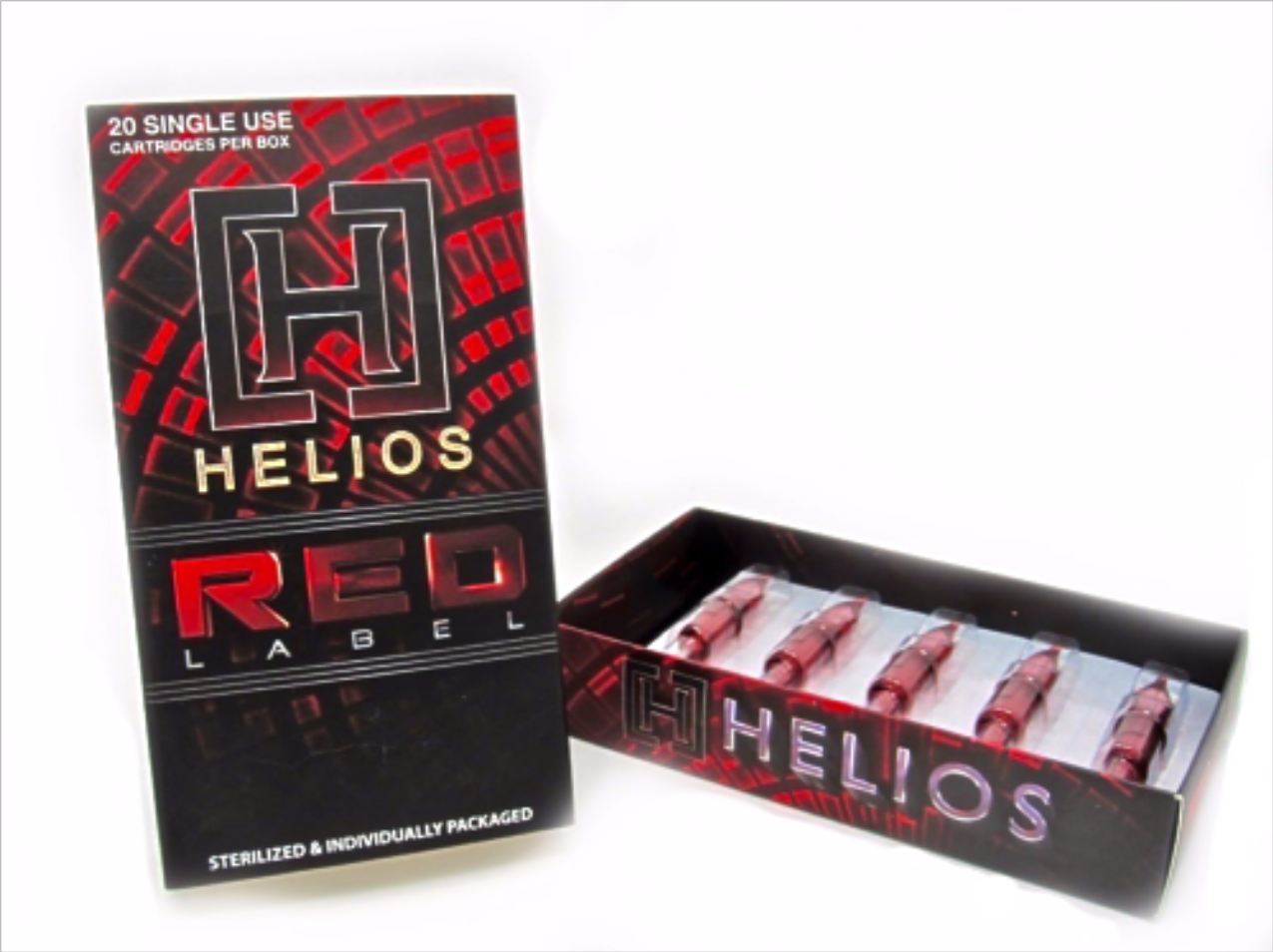 HELIOS RED LABEL TATTOO NEEDLE CARTRIDGES - 5 CURVED MAG BUGPIN OPEN EXTRA LONG TAPER BX20