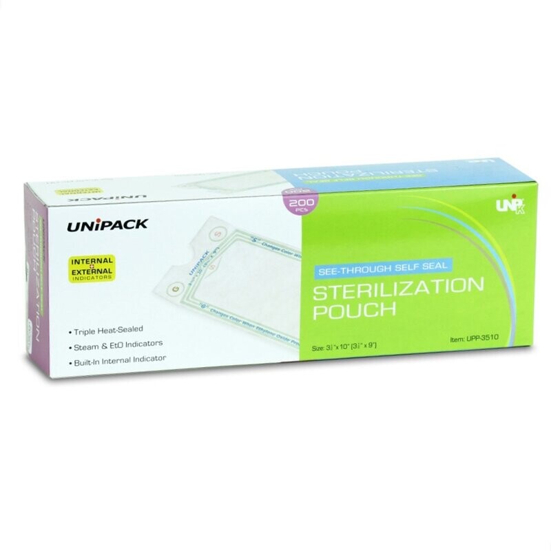 UNIPAK SELF SEAL STERILIZATION POUCH WITH INTERNAL AND EXTERNAL HEAT INDICATORS BX200