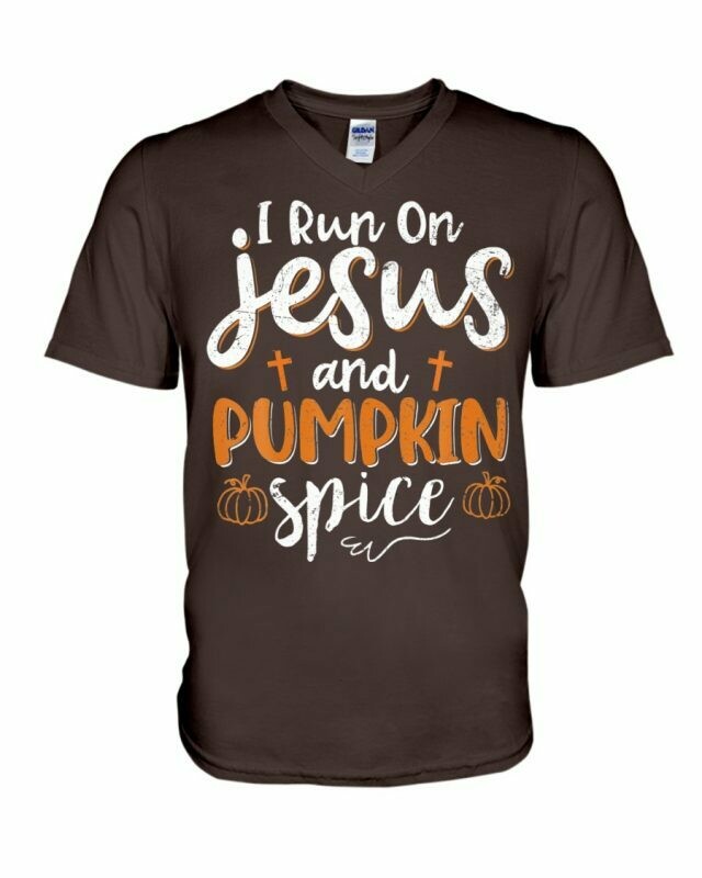 I Run On Jesus And Pumpkin Spice Halloween Fall V-Neck T-Shirt