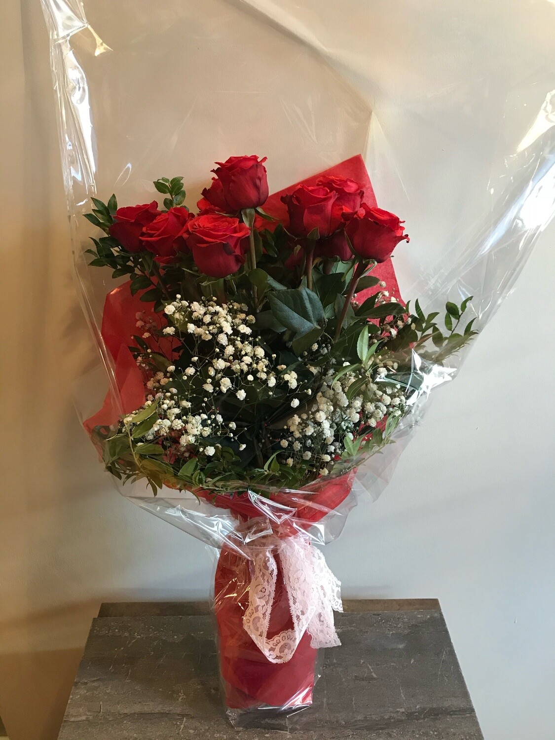 One Dozen Long Stem Red Roses Wrapped 