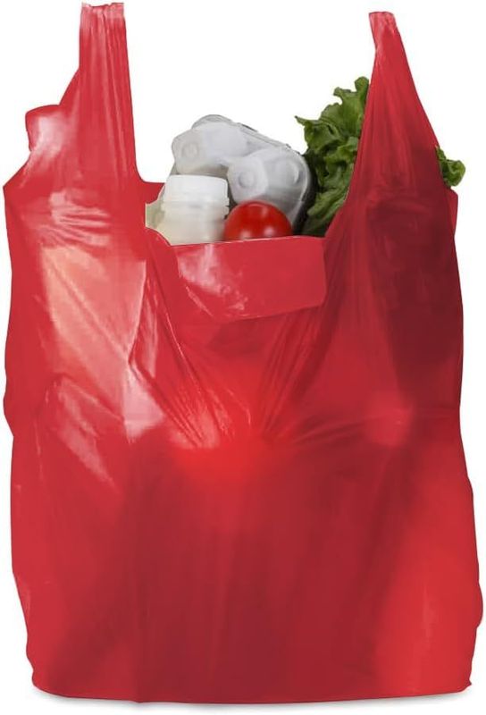 Vest Carrier Bags Biodegradable Red Supermarket Plastic Carry Bags - 11" x 17" x 21" , 18mu