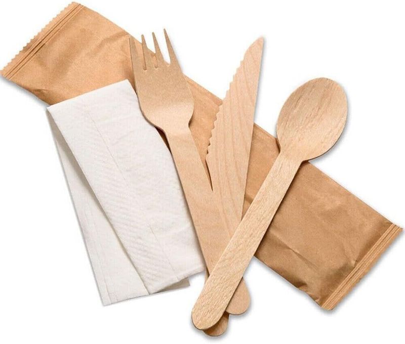 Wooden Cutlery 4pcs Set (1 Knife 1 Fork 1 Spoon 1 White Paper Napkin)