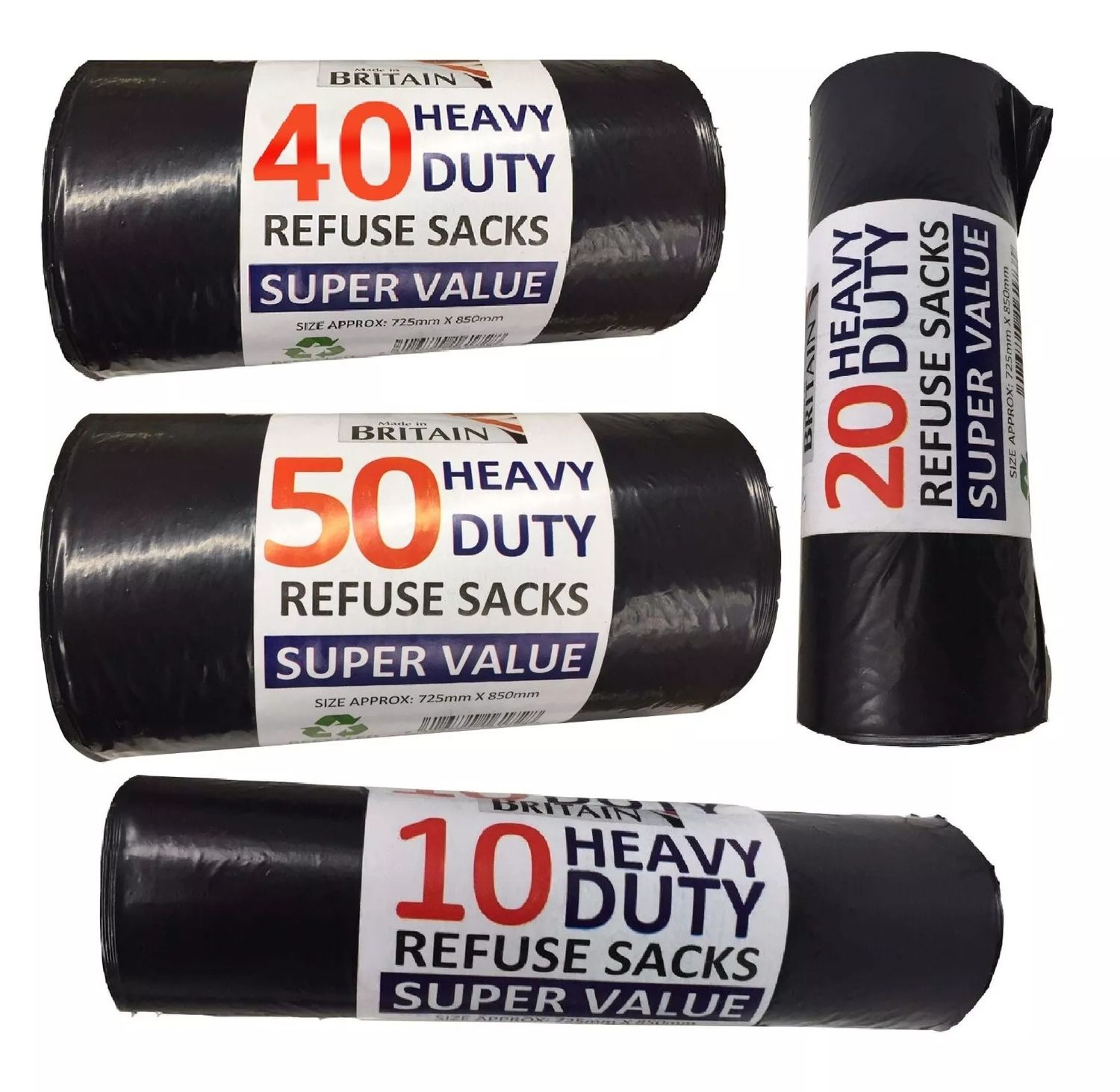 Heavy Duty Refuse Sacks Black Bin Bags 14" x 32" x 30" 20mu 50ltr Capacity